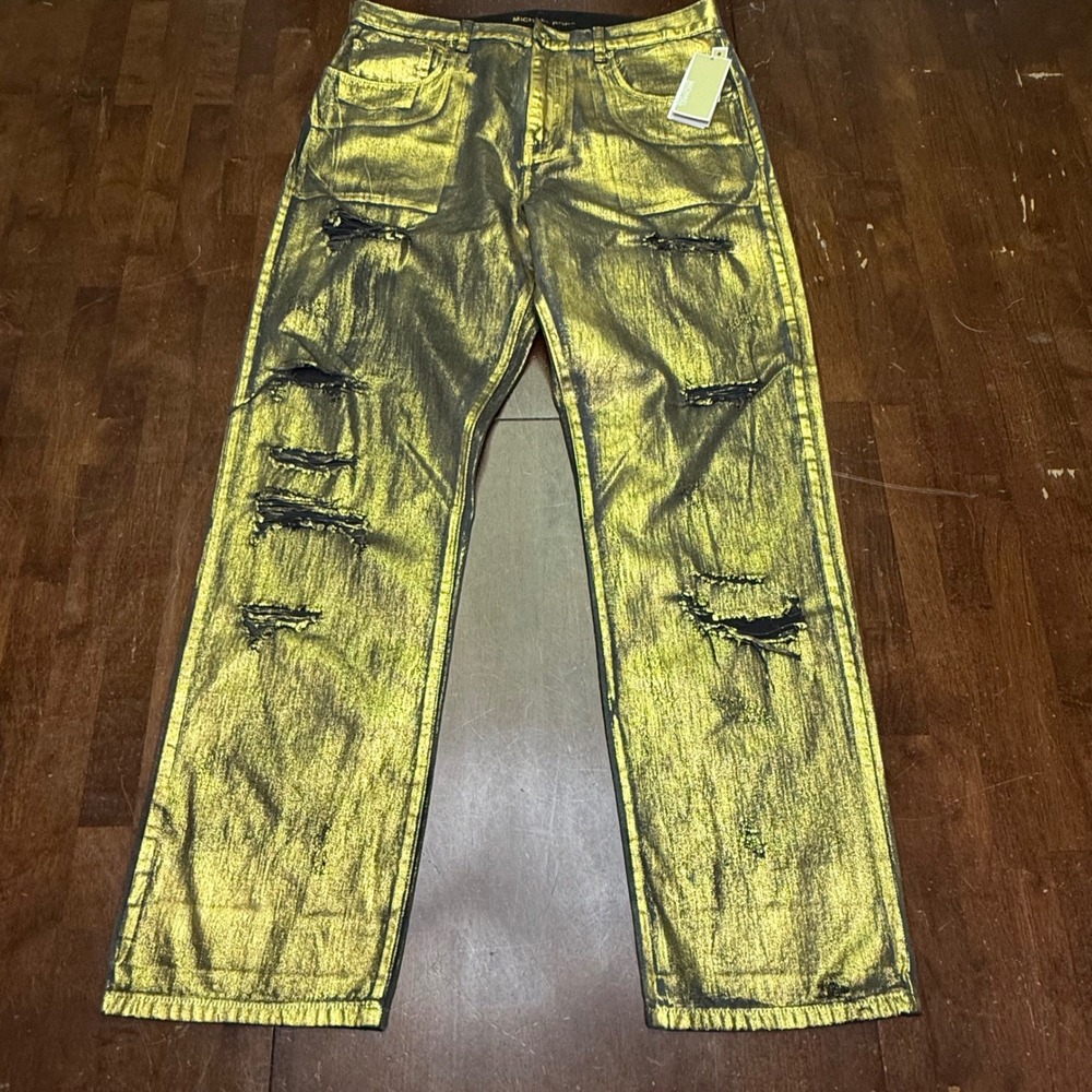 New Michael Kors Gold Jeans Men Fits 32x32 Distressed Metallic Foil Bling Pants